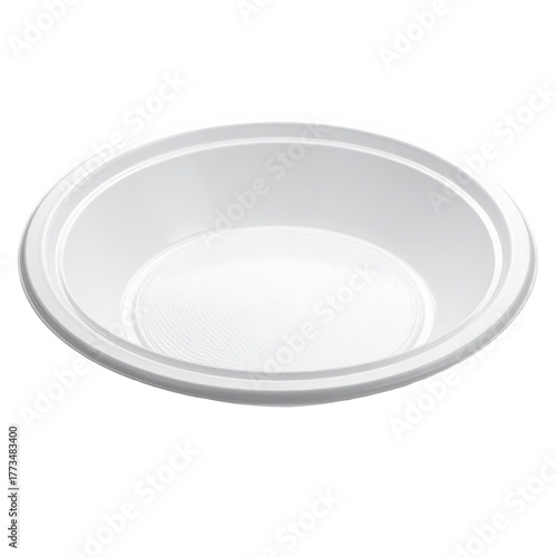 A clean, white, oval-shaped disposable bowl sits against a stark black background