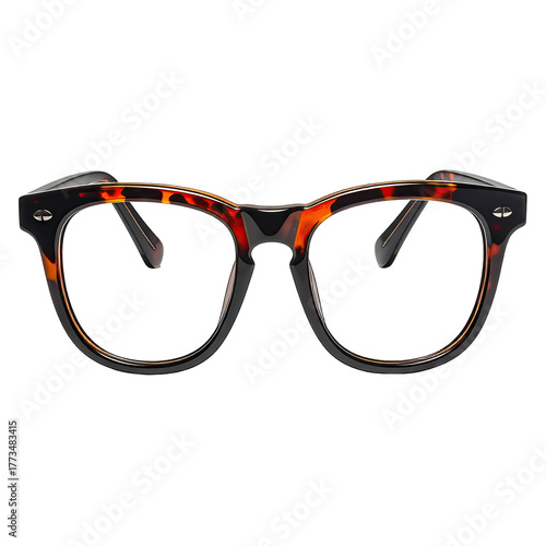 Close-up of tortoiseshell-patterned eyeglasses on a black background