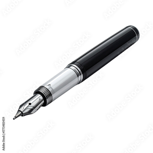 Sleek black and silver fountain pen, poised, detailed rendering