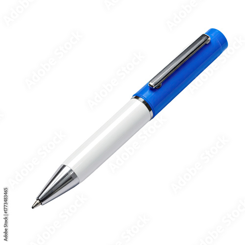 Angled shot of a bi-colored ballpoint pen with metal accents against a black backdrop