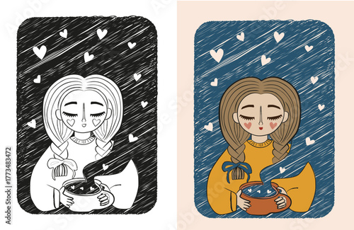 A little girl in a line sketch style, holding a mug from which hearts are flying out, creating an atmosphere of coziness and love. A simple, elegant illustration for warm and romantic projects.