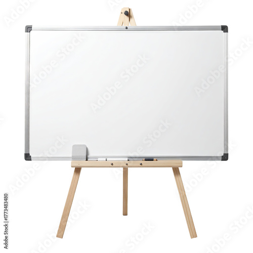 A blank white board on a wooden easel, with a small eraser and marker tray