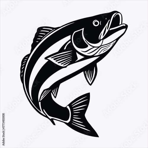 Black and white woodcut style striped bass fish leaping