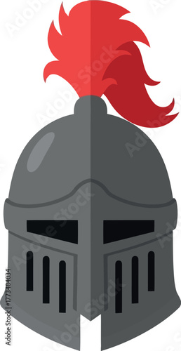 Medieval knight armor helmet flat vector icon with red plume
