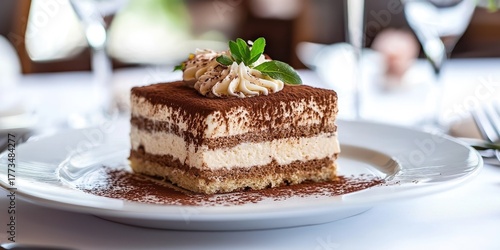 A slice of tiramisu on a white plate, garnished with mint leaves, on a table with a white tablecloth and a glass of wine.