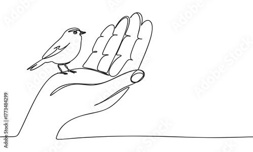 Continuous Line Drawing Bird Perched on a Hand