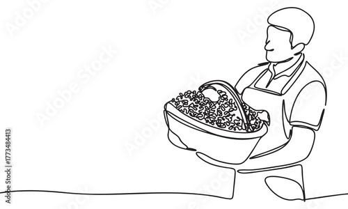 Continuous Line Drawing of a Farmer with a Basket of Fresh Grapes