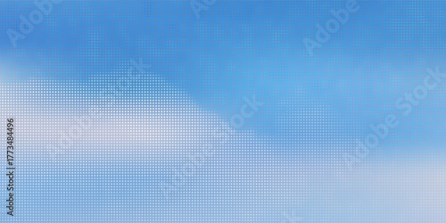 Color halftone texture of blue sky with clouds. Abstract cloud pattern vector dotted pixel texture background with copy space.