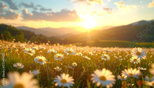 A sunlit field of daisies with distant mountains and a golden sunset
