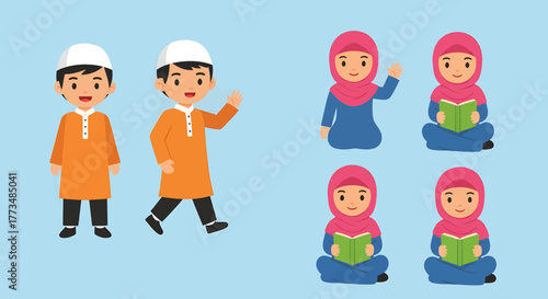 Cute Muslim kids boy and girl character set illustration.