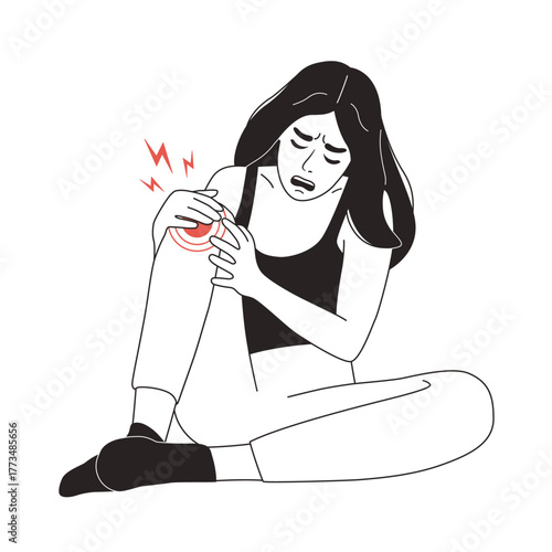 Vector line woman holding her sick leg because of knee pain. Ache and inflammation in the joint as a result of arthritis or osteoporosis. Outline black illustration of the medical problem of knee