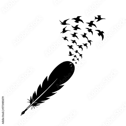 illustration of black feather transforming into flock of birds