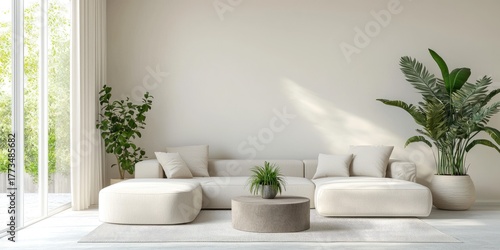 A minimalist living room with a large window, a white sofa, and potted plants in a modern interior design.