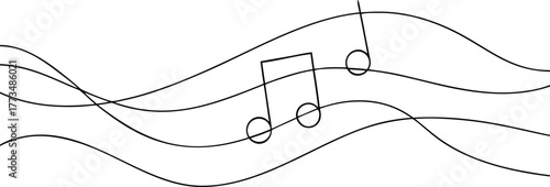Black musical notes on flowing wavy lines treble clef