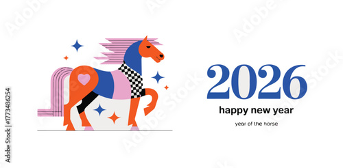 Vibrant vector graphic for Chinese New Year 2026 featuring a stylized abstract horse and happy new year message