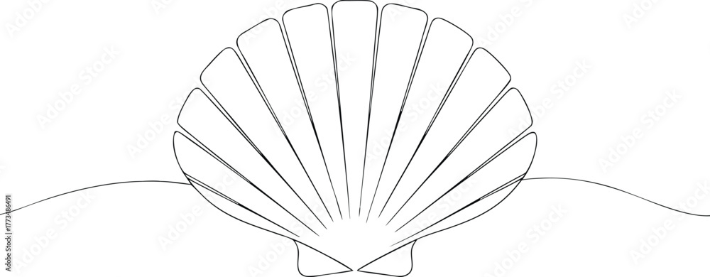 Obraz premium Black and white line drawing of a scallop shell on a wavy line