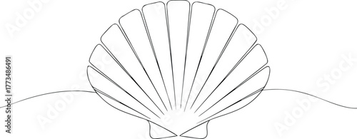 Black and white line drawing of a scallop shell on a wavy line