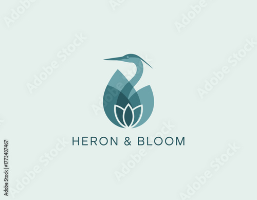 This logo artfully combines a heron with a blooming flower, symbolizing harmony between nature and elegance. The soft colors enhance its tranquil vibe.