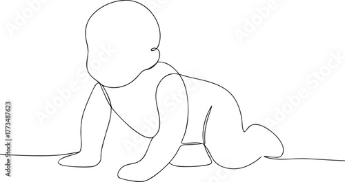 Single line drawing of a baby crawling child infant