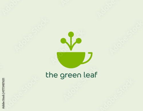 This logo depicts a green cup with sprouting leaves, symbolizing freshness and sustainability, ideal for promoting an eco-friendly beverage or cafe business.
