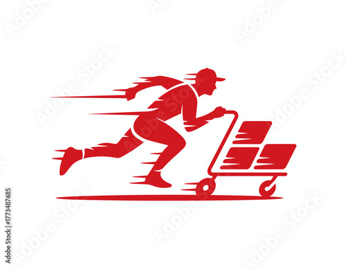 An illustration showcasing a runner pushing a shopping cart, symbolizing speed and efficiency in delivery services. Perfect for e-commerce and logistics themes.