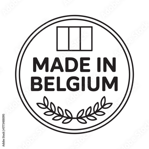 Circular stamp emblem with made in belgium text and laurel wreath