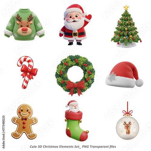 A delightful collection of cute 3D toon-style Christmas elements, including gifts, candy canes, ornaments, bells, snowmen, and festive decorations. Perfect for holiday design projects, greeting cards.