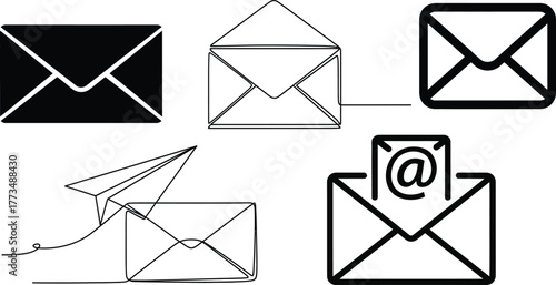 Collection of stylized black and white icons representing email communication and sending messages