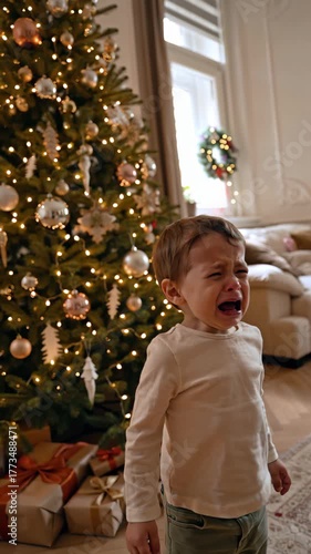 young boy crying in front of christmas tree young child stands in front of Christmas tree, looking up at it with look of surprise or wonder