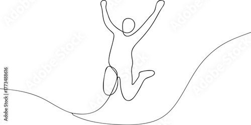 Single line drawing of a person jumping with arms raised