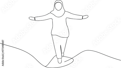 Woman in hijab balancing on wavy ground line art vector
