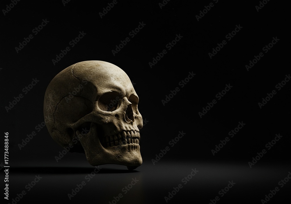 Obraz premium A chilling and ancient skeletal head emerges from a dark, foreboding background, conveying a sense of terror and the unknown ,textured ,danger ,terrifying
