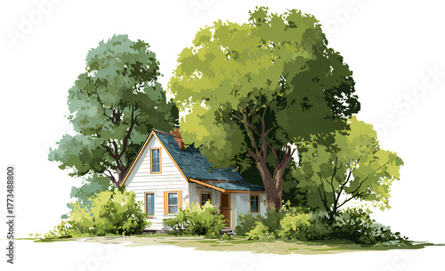 Stylized Home Trees Illustration White Cottage Artistic Residential Exterior