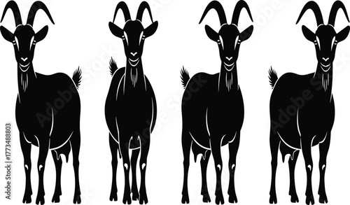 Row of Four Black Goat Silhouettes, Farm Animal Vector Graphics, Domestic Livestock with Horns, Isolated on White Background, Agriculture and Rural Life Icons.
