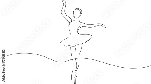 Single line drawing of a ballerina in a tutu ballet