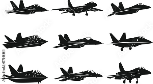 Collection of nine fighter jet aircraft silhouettes, modern military aviation technology, air superiority and supersonic combat planes, detailed graphic icons.