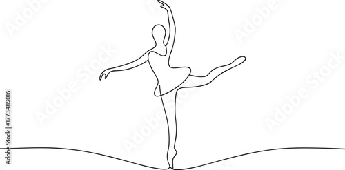 Black line drawing of a ballet dancer in arabesque pose