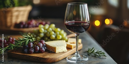 A glass of red wine with a cheese board and grapes on a rustic wooden table, with a warm, cozy ambiance and a soft, blurred background.