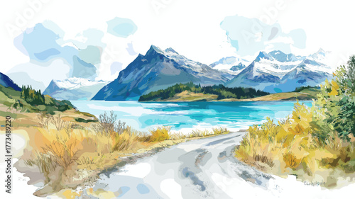 Carretera Austral. Carretera Austral hand drawn watercolor illustration