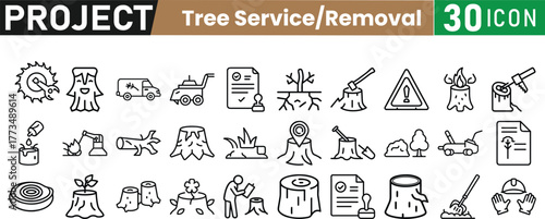 Set of 30 tree service and removal icons isolated on white background