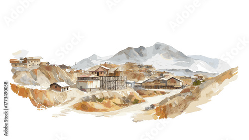 Potosi - Cerro Rico Mines. Potosi - Cerro Rico Mines hand drawn watercolor illustration