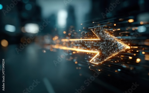 Dynamic Animation of a Glowing Arrow Traversing a Digital Landscape Suggesting Progress and Innovation in Technology and Data Flow