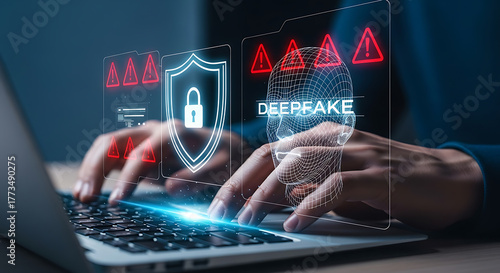 Person types on a laptop with a digital deepfake and cybersecurity concept. a person types on a keyboard with graphic overlay and warnings for fraud protection