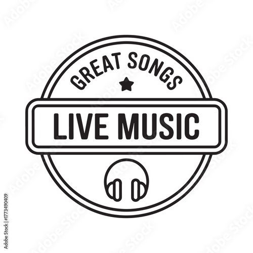 Circular stamp emblem with headphones and live music text