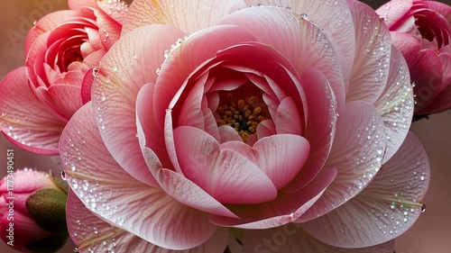 Delicate peony buds glistening with fresh dew, waiting to bloom in the morning light, captured in a serene garden setting. Ai generative video