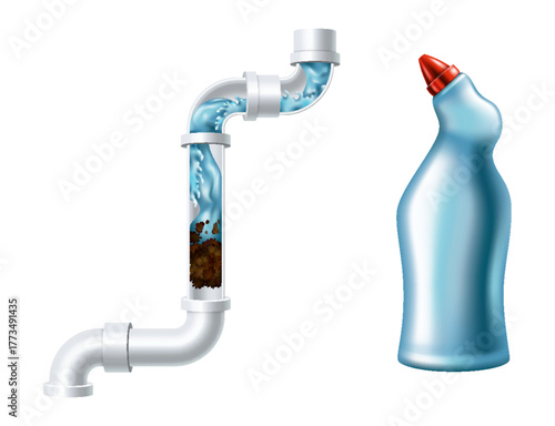 Clogged pipe drain and cleanser bottle. Blank container with sanitary chemical liquid. Canalization tube with water splash. Plumbing clog repair