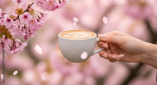 Elegant hand holding a coffee cup with latte art surrounded by soft pink cherry blossom flowers in a serene spring setting
