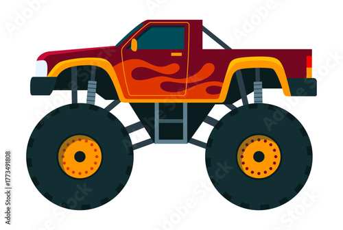 Monster truck. Bright colorful cartoon auto with big wheels. Heavy car with large tires and black tinted windows. Isolated rally 4x4 computer or mobile game