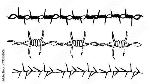 Thorn stem vine plant doodle with spikes simple border y2k creepy branch set. Barbed wire tattoo. Boundary divider,border