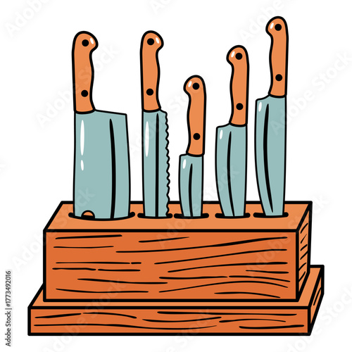 A set of five different chef knives with brown handles inserted into a wooden knife block. Kitchen utensil collection design elements.